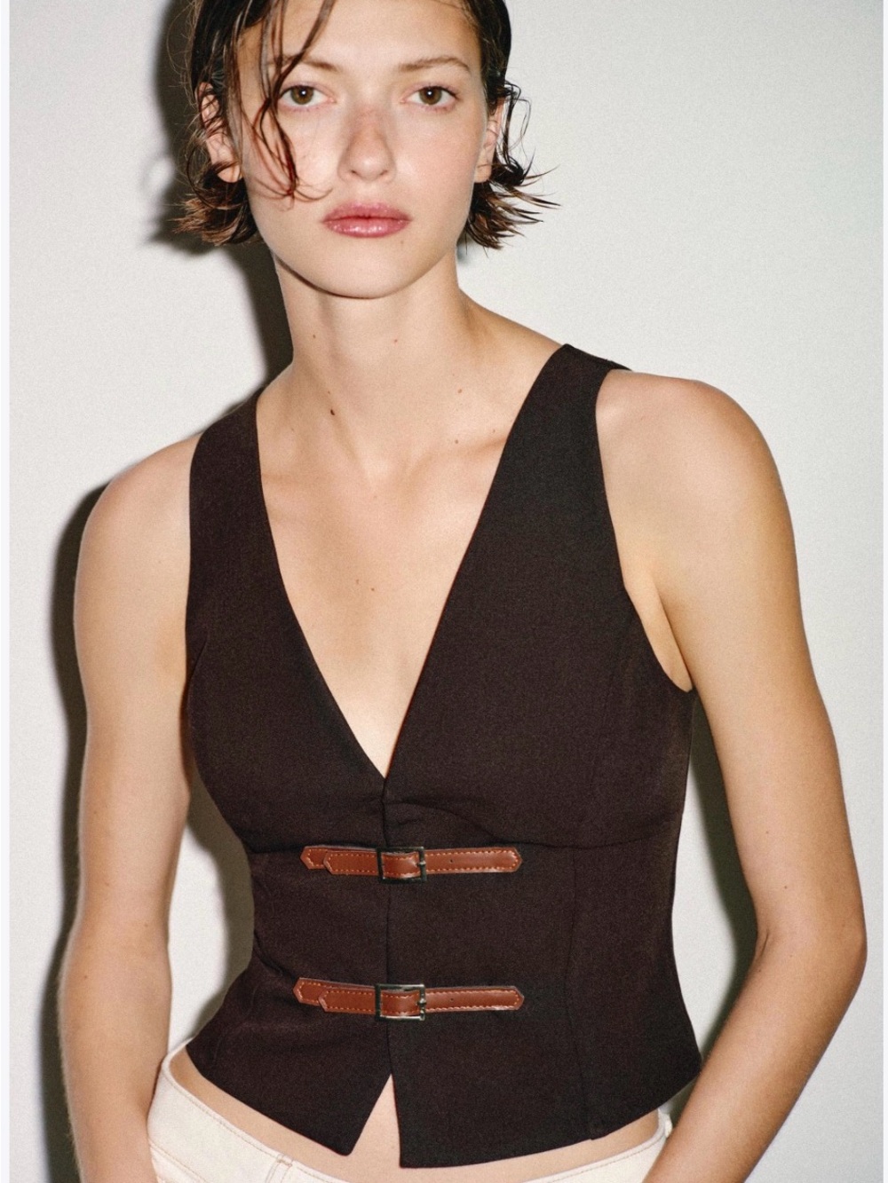Zara Dark Brown Sleeveless V-Neck Vest with Leather Buckle Straps